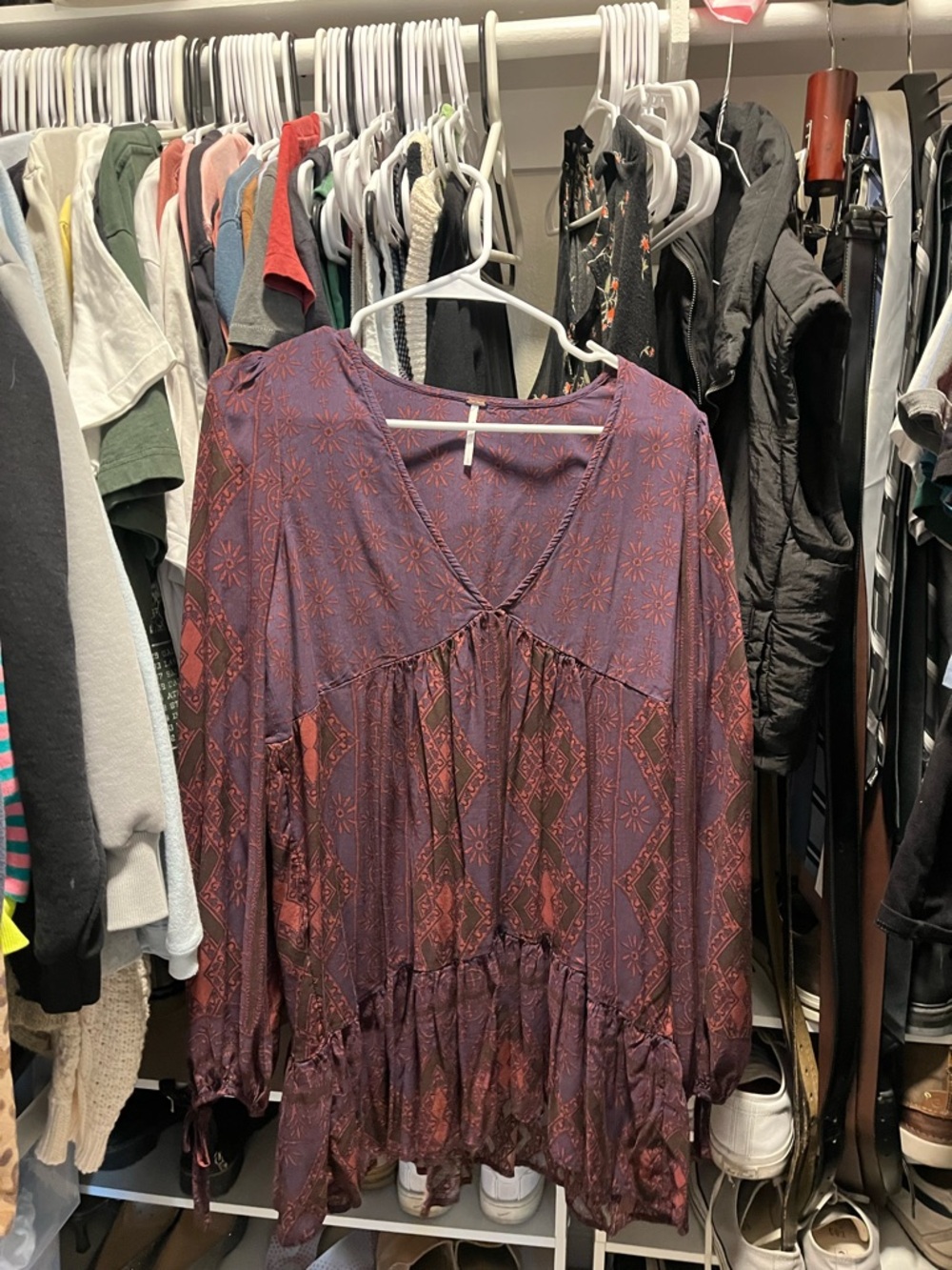 Free People Purple and Rust Boho V-Neck Tiered Tunic Dress